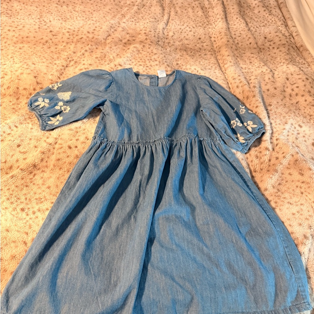 wonder nation Denim-Blue Embroidered Sleeve Girls Dress